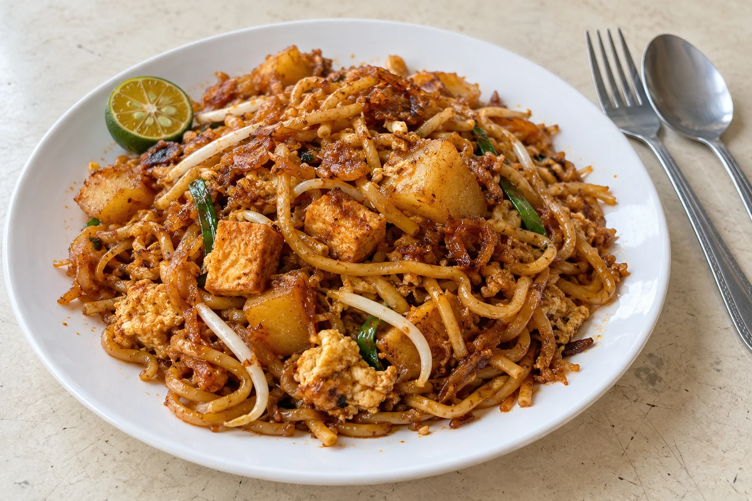 AI illustration of mee goreng mamak; not a photograph of Mee Abu’s serving.