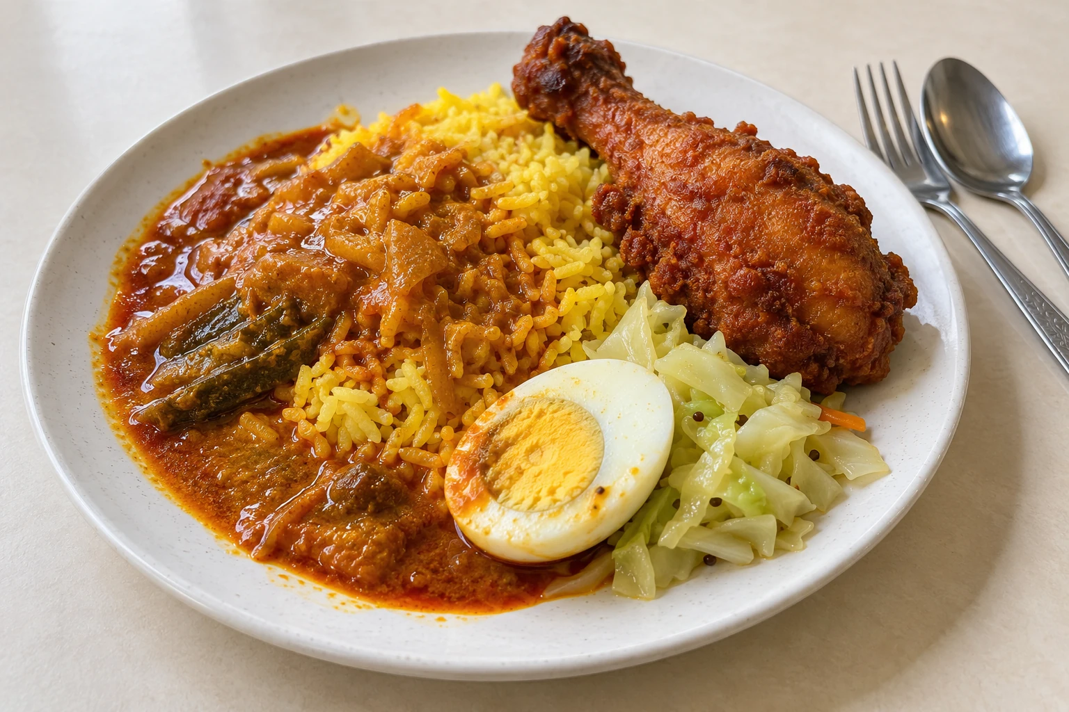 AI illustration of nasi lemak royale-style yellow rice with curry, chicken and egg; not a photograph from Nasi Lemak Royale Jalil.