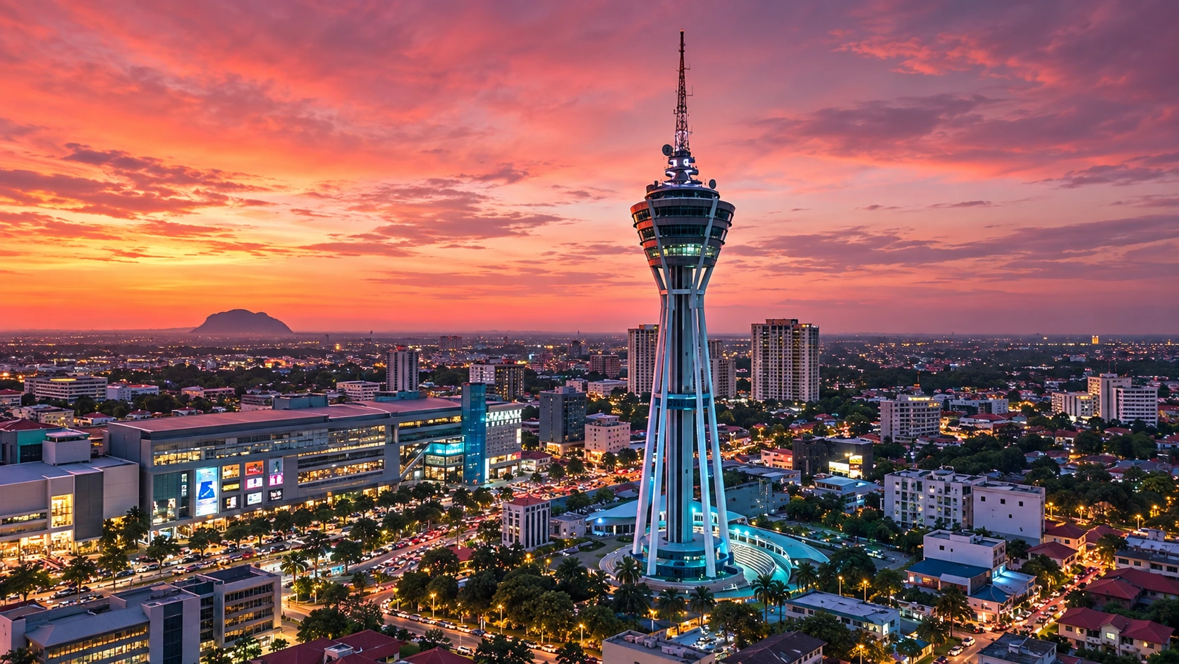 AI illustration of the Alor Setar skyline at sunset, with Menara Alor Setar and Aman Central clearly visible.