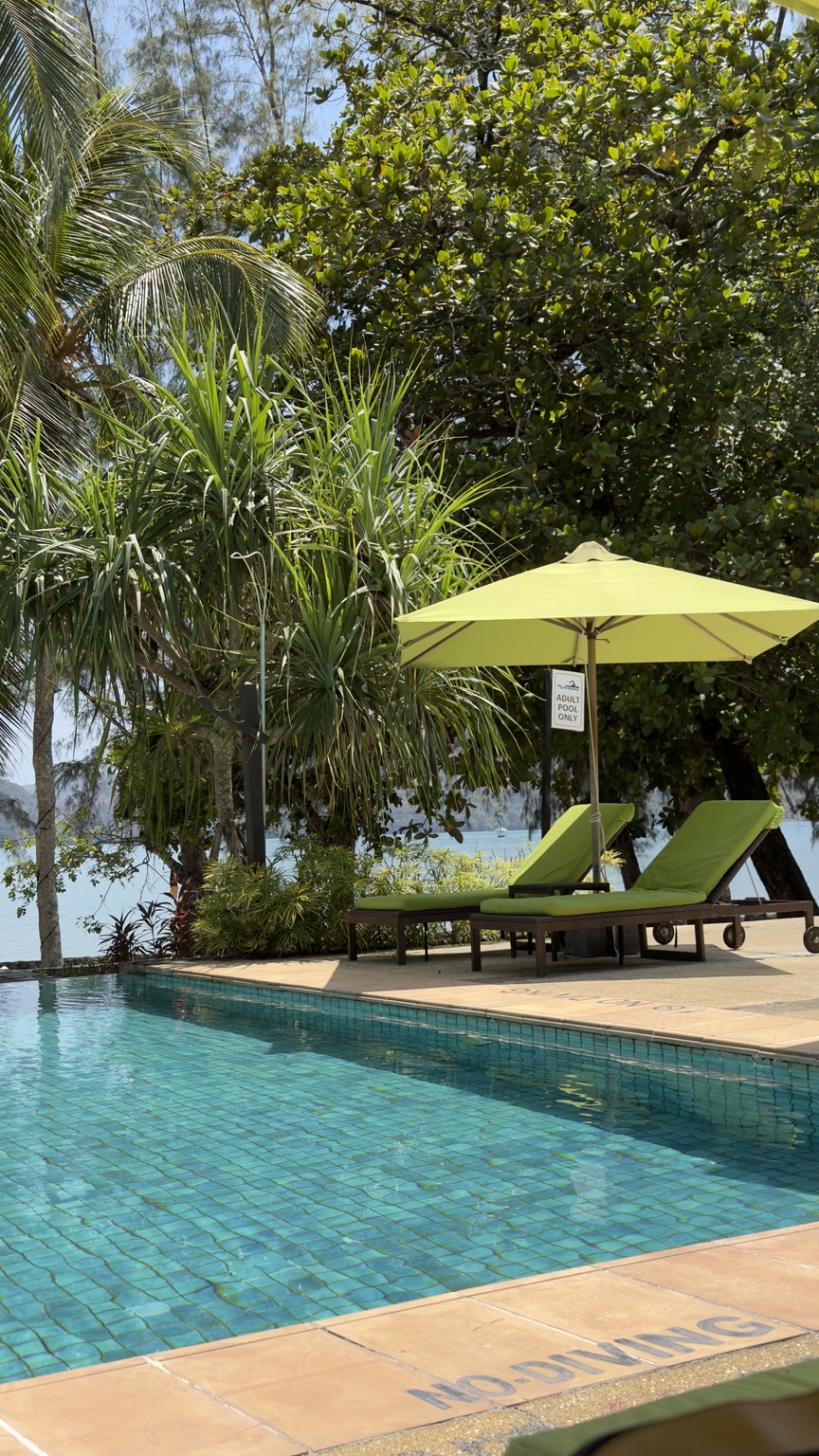 Kolam resort berwarna turquoise dengan kerusi santai hijau dan pokok tropika