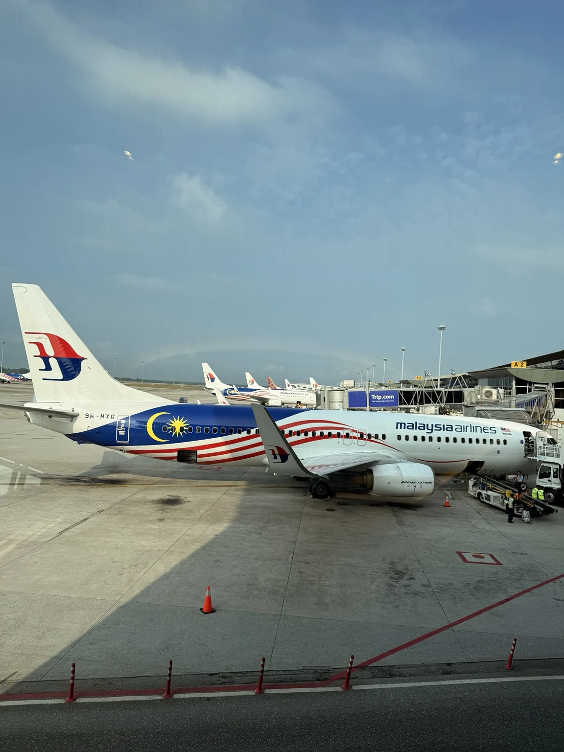 Pesawat Malaysia Airlines dengan livery Jalur Gemilang di gate lapangan terbang.