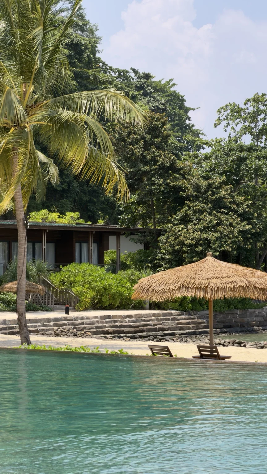 Pool water, loungers under a thatched shade and tropical gardens behind.
