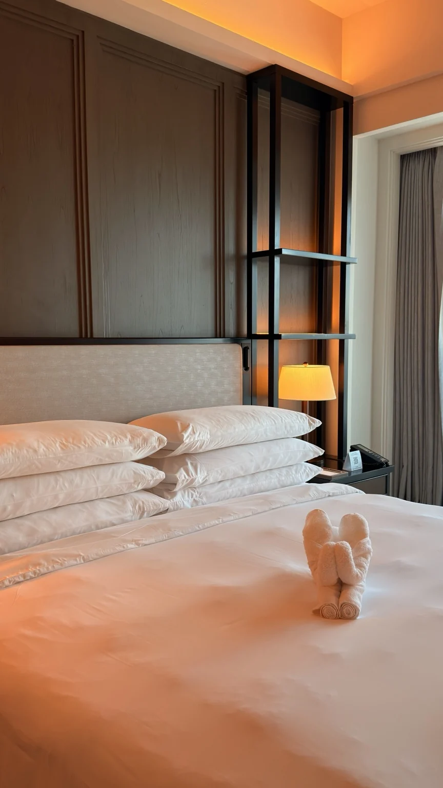 A king bed with white linen, a towel arrangement and warm bedside lighting.