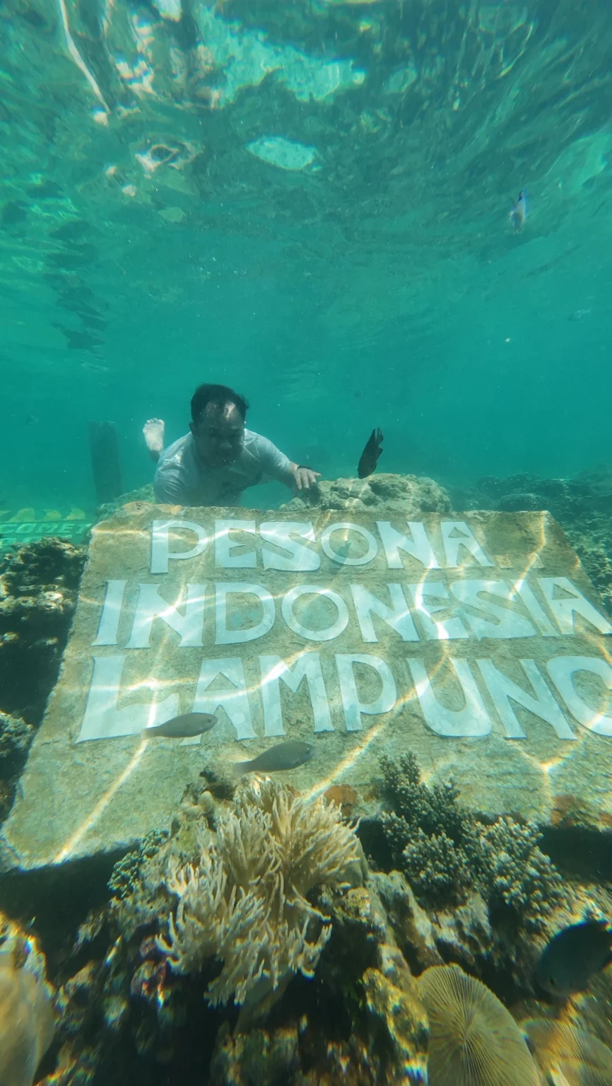 A snorkeler behind a submerged structure labelled Pesona Indonesia Lampung, with fish and rocks around it.