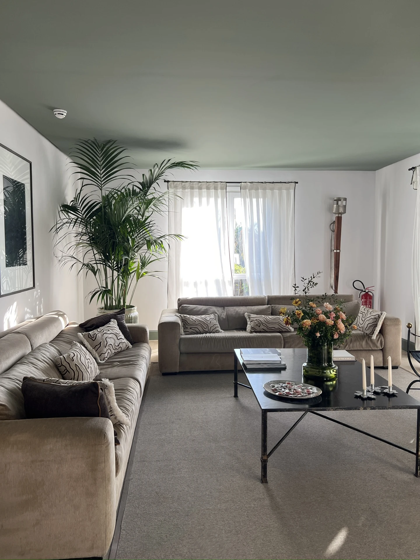 A sitting area at Donna Carmela Resort & Lodges with sofas, plants, and flowers.