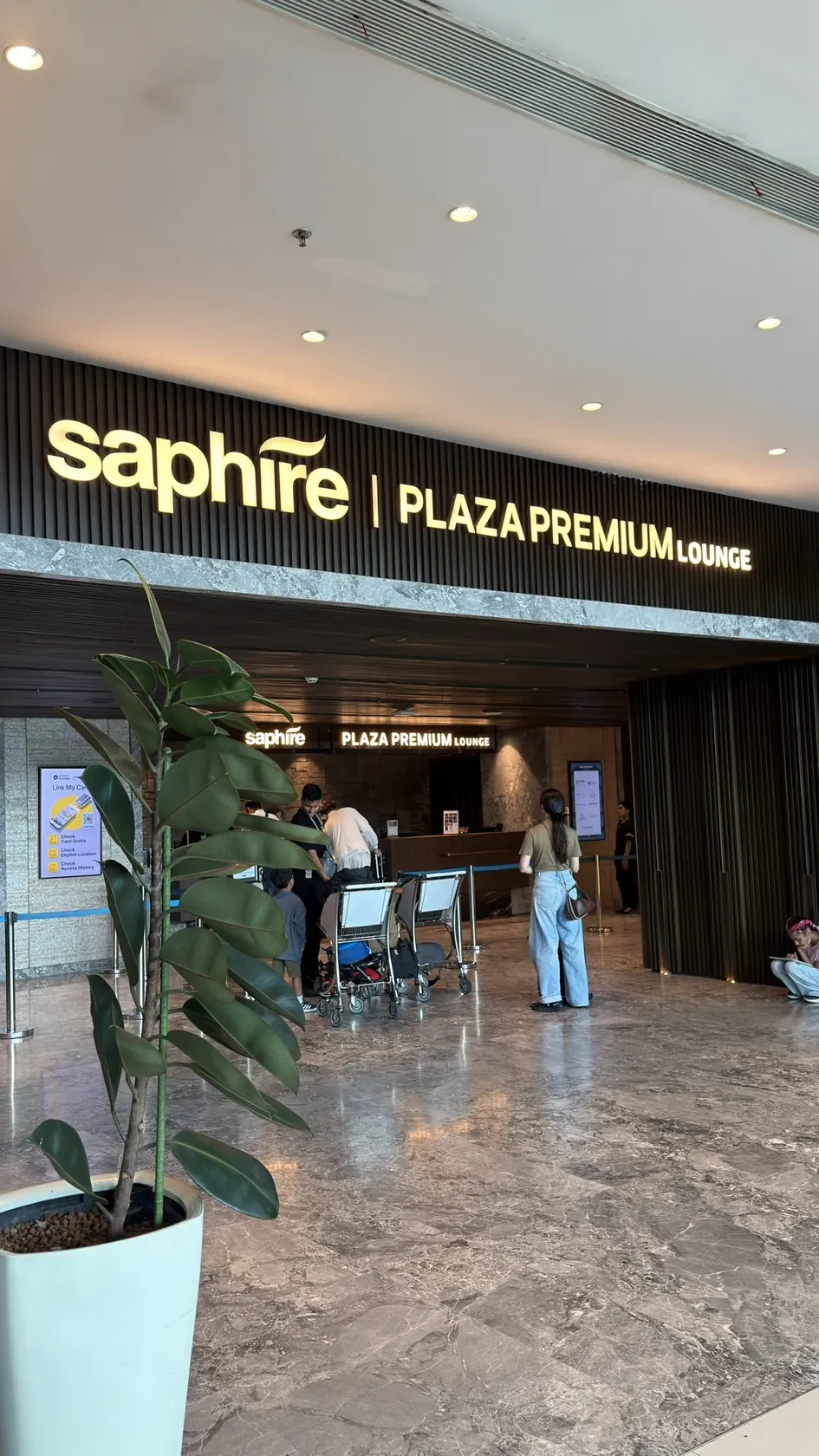 Saphire Plaza Premium Lounge entrance at Jakarta Soekarno–Hatta Airport.