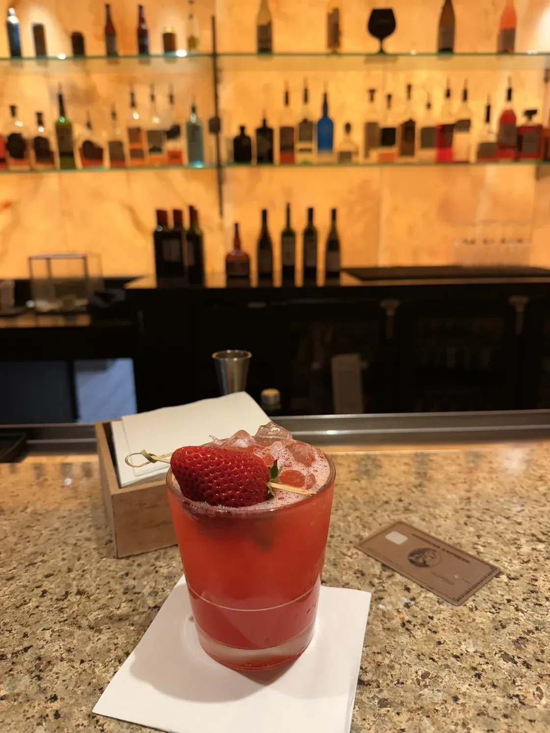 A red mocktail served at an Admirals Club bar in Dallas.