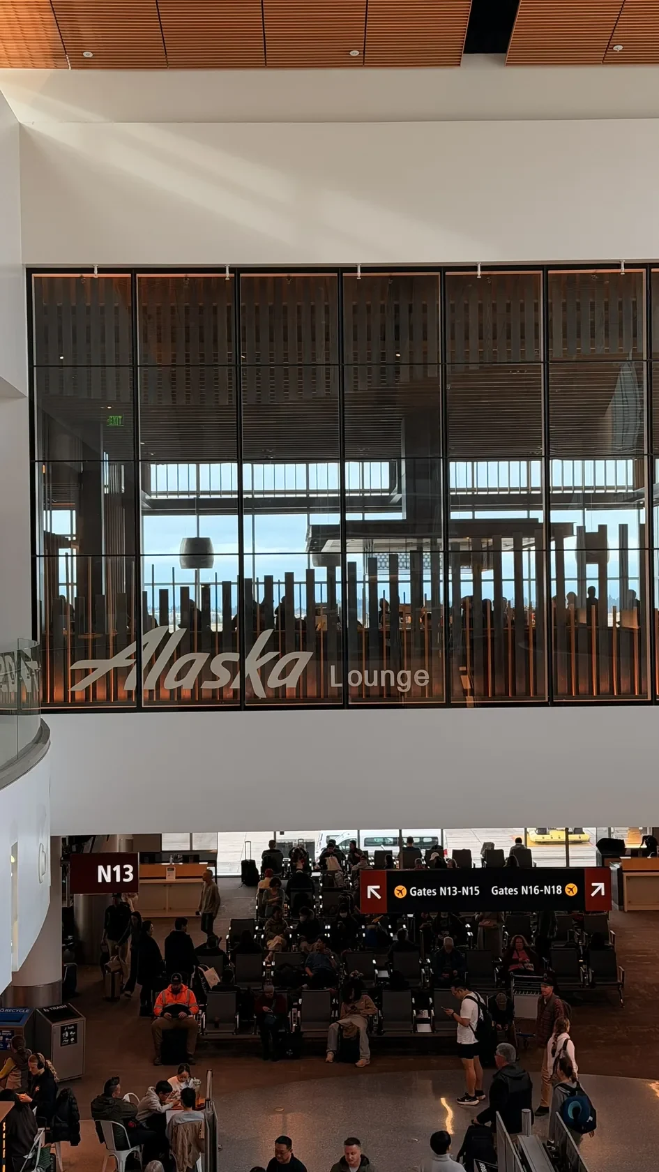 Alaska Lounge entrance above the concourse in Seattle.