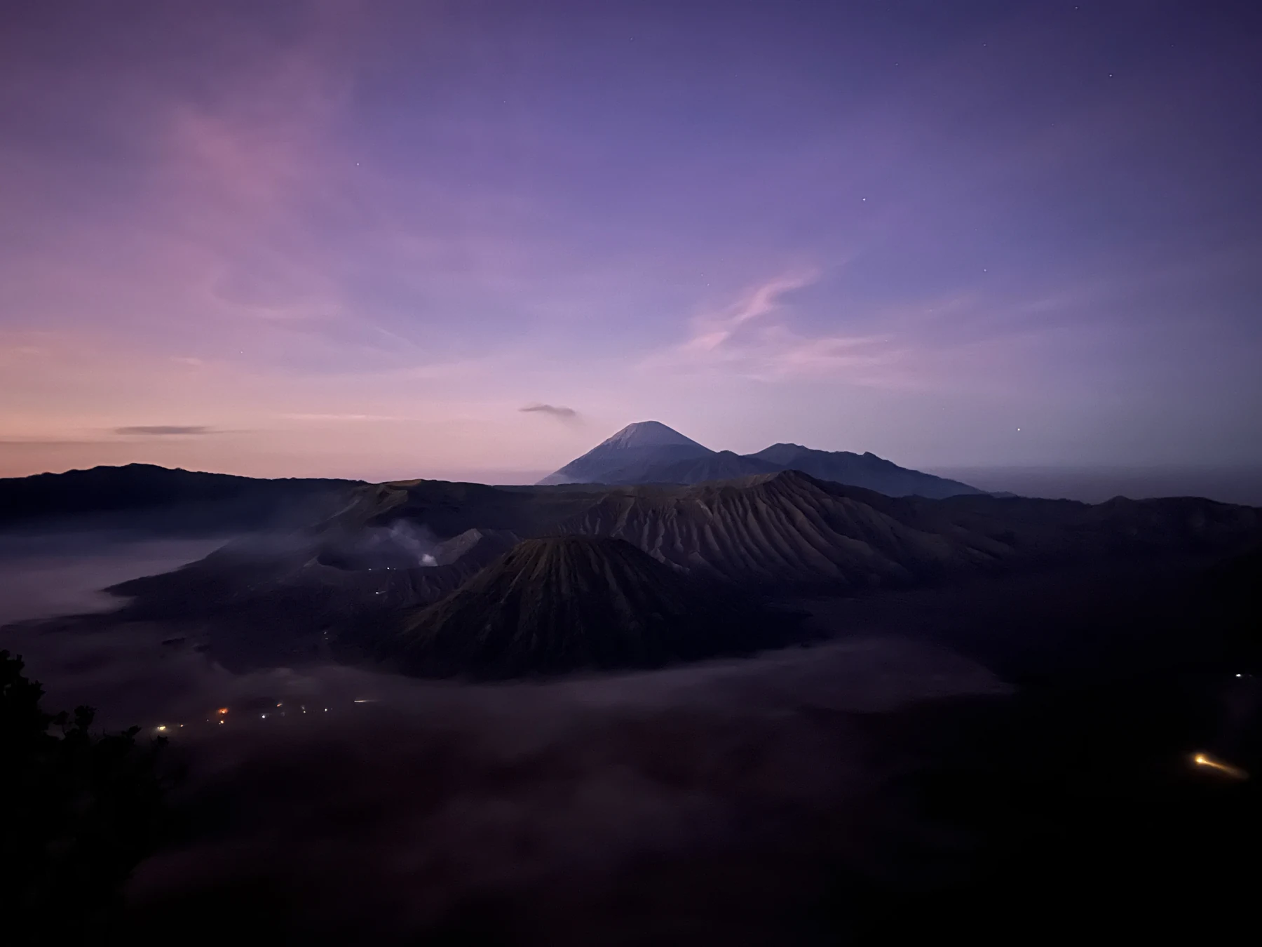 The Bromo landscape before sunrise.