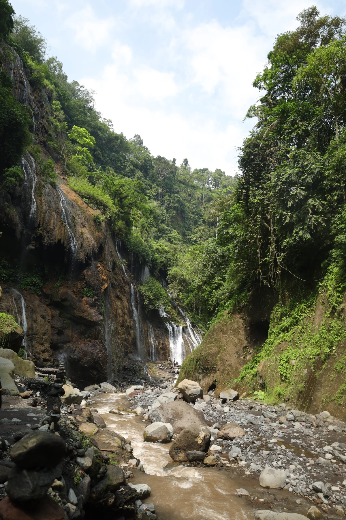 The rocky terrain and flowing water around Tumpak Sewu.